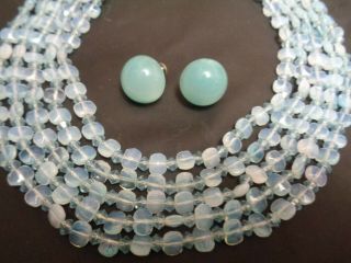 Vintage W Germany Multi 5 Strand Blue Moonstone Glass Beaded Necklace & Earrings