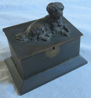 Solid Bronze Match Holder Figural Reclining Dog Old Vtg Antique