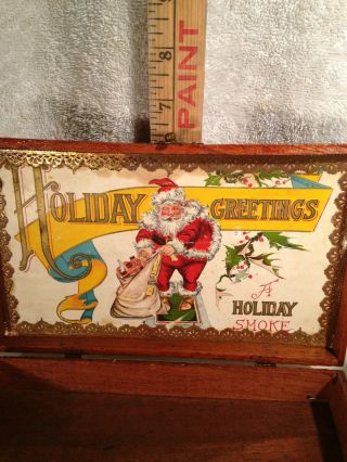 Antique Vintage Wooden Cigar Box W/ Santa Clause Christmas Holiday Box