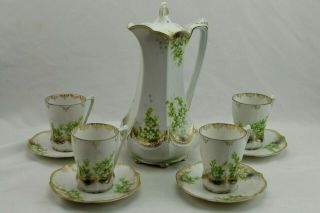 Rs Prussia Chocolate Pot With 4 Chocolate Cups Saucers White Flowers Antique