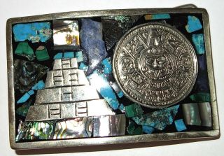 Vintage Mexico Sterling Silver Mosaic Inlay Mayan Storyteller Belt Buckle L 20