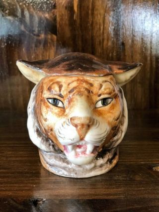 Antique Figural Majolica Tiger Head Tobacco Jar