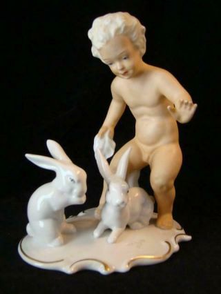 Adorable Old Schaubach Kunst Porcelain Putti Boy Cherub & Bunny Rabbits,  Germany
