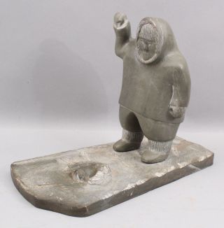 Large Vintage Mid - 20thc Hand Carved Hard Stone Inuit Eskimo & Seal Sculpture