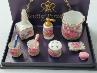 Dollhouse Miniature Reutter Porcelain Dresden Rose Bath Items 1:12 Scale 1.  617/8