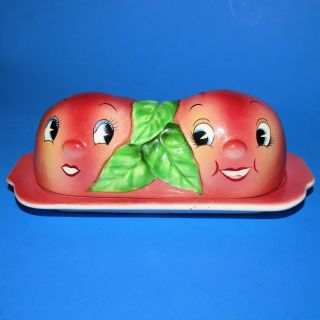 Vintage Py Japan Apple Anthropomorphic Butter Dish.  3 Small Chips.  7.  75 " X 3.  5 "