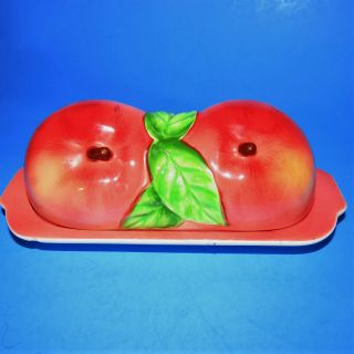 Vintage Py Japan apple anthropomorphic butter dish.  3 small chips.  7.  75 