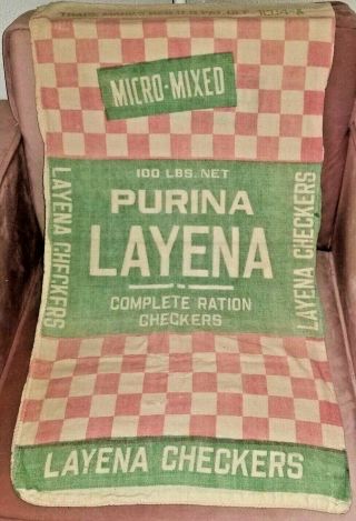 Vintage Large Purina Layena Feed Sack 100 Lbs.  Pink Green Checked 36.  5 " X 19 "