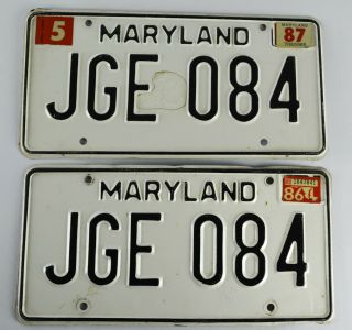 1980 1987 Vintage Maryland MD License Plate White Black Pair Matching Set 2