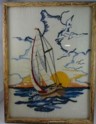 Vintage Nautical Wood Framed Needlepoint Yarn Art Sailboat Ocean Sunset Sea Gull