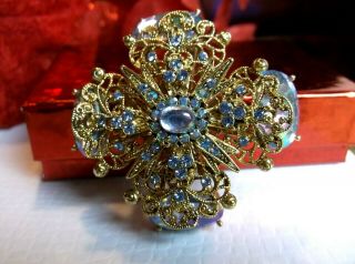 Vintage High End Blue Glass Rhinestone Gold Filigree Stack Maltese Cross Brooch