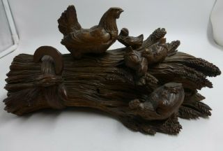 Antique Black Forest Carved Wooden Box With Chickens On Lid