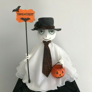 Primitive Folk Art Halloween Ghost Doll With Pumpkin Lantern Handmade Ooak