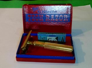 Vintage Razor - - Gillette Gold - Plated Fat - Handle Tech Razor In Orig.  Box W/blades