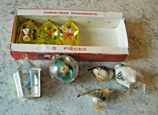 Vintage Christmas Ornaments Plastic Lanterns And Elf In A Ball Plus 3 Birds