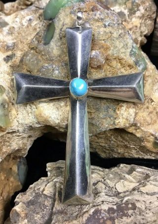 Large,  Vintage Native American Sterling Silver & Turquoise Cross Pendant “jfc”