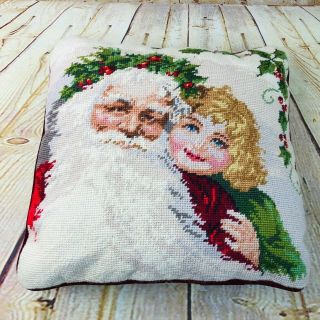Vintage Christmas Needlepoint Pillow Santa Claus Red Back Zipper Holiday Decor