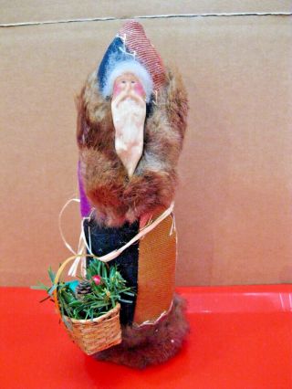 Handmade Vintage Quilt Folk Art Father Christmas Figure,  Clay Face,  Fur Trim