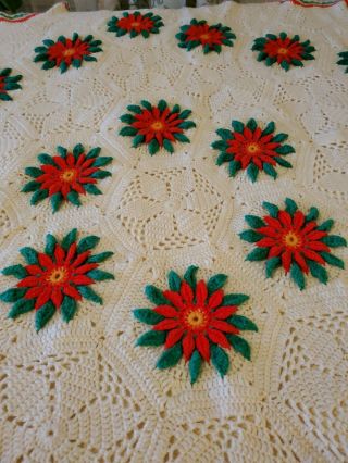 Vtg Afghan Throw Blanket Handmade Crochet Knit Christmas Poinsettia 73x72 Round