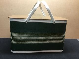 Vintage Redmon Woven Wicker Picnic Basket Green White Metal Handles - Near