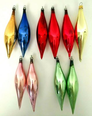 Vintage 10 Glass Icicle Tear Drop Christmas Tree Ornament Multi Color 5 " Plus