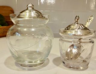 2 Vintage Sterling Silver Cut Glass Condiment/jam Jars