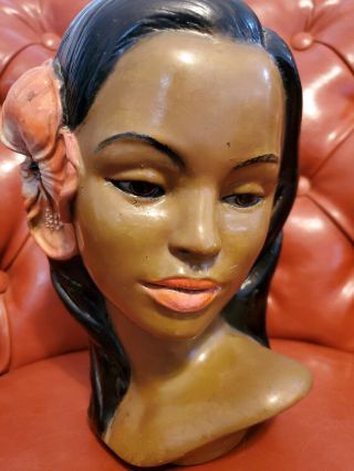 Vtg Mcm Marwal Hawaiian Hula Girl Polynesian Woman Chalkware Head Bust Hibiscus