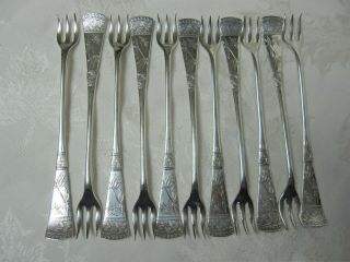 11 Antique Silver Plated Holmes Booth & Haydens JAPANESE Cocktail Forks RARE 2