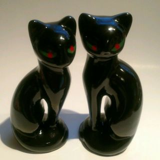Vintage Pair Ceramic Black Cats With Green Eyes Figurines 9 " Tall