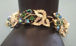 Vintage Lisner Green & Blue Green Aurora Rhinestone Leaves Bracelet