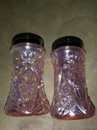 Vintage Pink Carnival Glass Salt And Pepper Shakers With Silver Lids