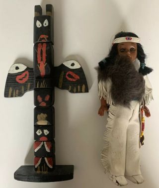 Vintage Hand Carved Painted Souvenir Totem Pole Native American Doll Sleepy Eyes