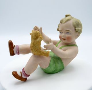 Antique Kunstporzella Germany Boy With Teddy Bear Figurine,  Nr