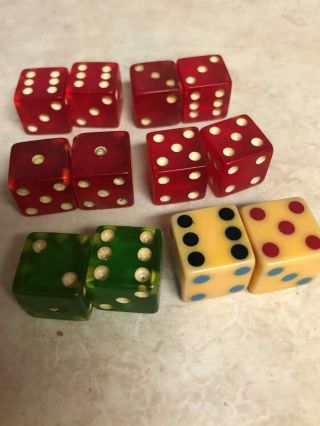 Six Pairs Vintage Bakelite 5/8 " Dice - Red - Green - Butterscotch