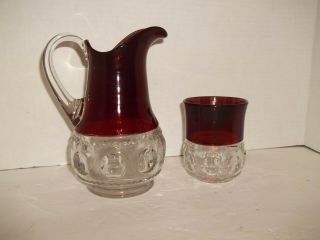 Antique Eapg Kings Crown Thumbprint Ruby Stained Glass Water Pitcher & Tumbler