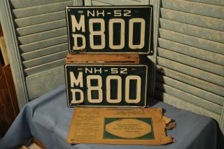 2 Antique 1952 Hampshire License Plates Md 800 Pair Merrimack Matched