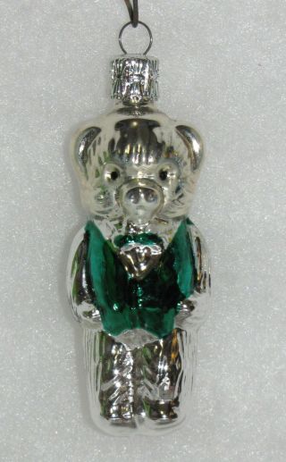Vtg Glass Christmas Tree Ornament Czech Teddy Bear Green Vest Tie Czechoslovkia