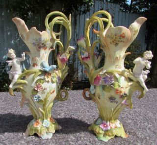 Fine Pair Antique 19thc German Porcelain Figural Ewers / Jugs - Putti & Flowers