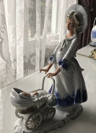 Vintage Rare Porcelain Figure Statuette Woman With Baby Stroller