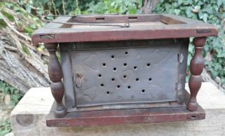 Antique Punched Tin Wood Foot Warmer Carriage Buggy Hearts Coal Pan