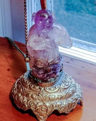 Antique Chinese Carved Amethyst Quartz Crystal Buddha Lamp,  Brass Base 14 "