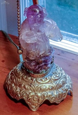 Antique Chinese Carved Amethyst Quartz Crystal Buddha Lamp,  Brass Base 14 