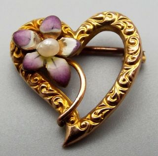 Antique 10k Gold Enamel Heart Brooch Pin Flower Floral Ornate Estate Vtg