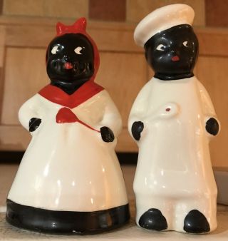 Black Americana Ceramic Salt & Pepper Shakers Uncle Moses Aunt Jemima 5” Vtg