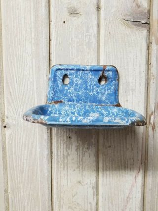 Vintage Farmhouse Blue Marbled Enameled Metal Soap Dish Tray Holder