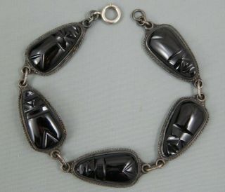 Vintage Mexican Sterling Carved Black Onyx Mayan Aztec Warrior Bracelet Unisex