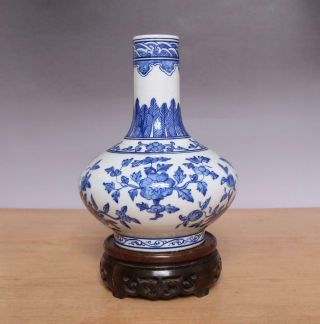 Qianlong Signed Antique Chinese Blue & White Vase With Flowers