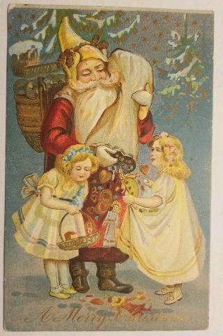 Vintage 1909 Postcard Santa Red Robe With Two Little Girls And Bag Of Toys