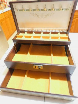 Vintage Mele Jewelry Box Brown Leatherette 3 Tiered Gold Velvet Lined