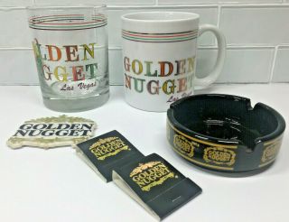 Vintage Las Vegas Golden Nugget 6 Pc Cup Glass Match Book Ashtray Magnet Pp